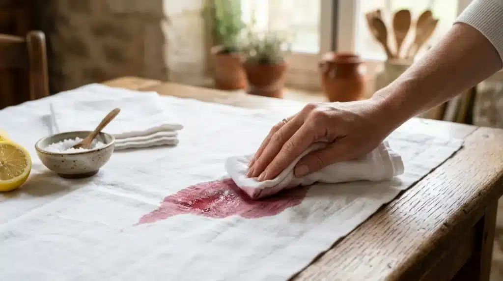 Main essuyant tache rose sur nappe blanche