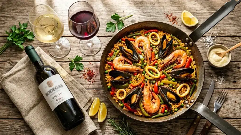 Paella avec fruits de mer, vins et citron sur table rustique