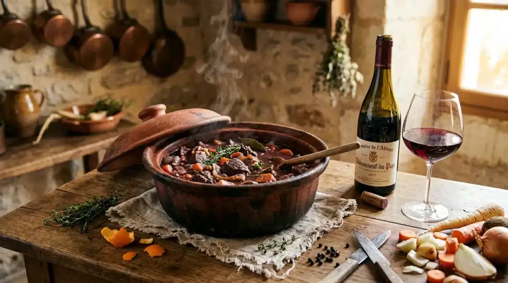 Pot de ragoût avec vin rouge dans cuisine rustique provençale