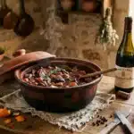 Pot de ragoût avec vin rouge dans cuisine rustique provençale