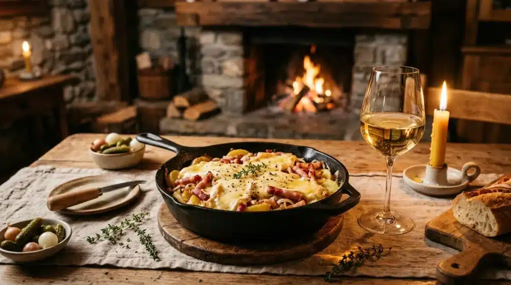 Gratin chaud servi près d'une cheminée allumée avec vin.