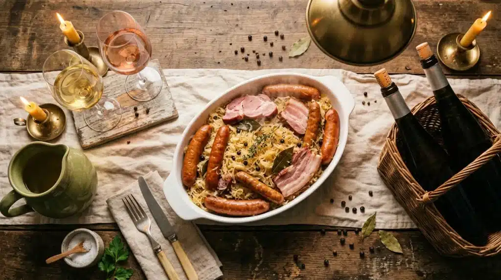 Table élégante avec plat de saucisses, bacon, vin et bougies allumées