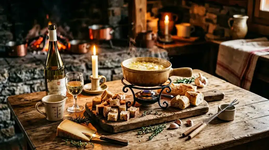 Table de repas médiéval avec vin, pain et potage chauds