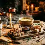 Table de repas médiéval avec vin, pain et potage chauds