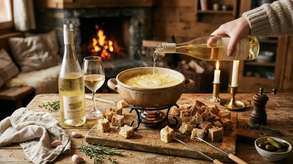 Personne versant du vin blanc dans une fondue devant un feu
