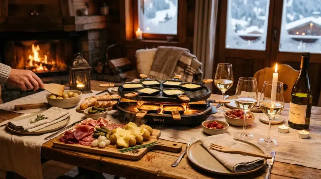Table hivernale avec raclette, charcuterie, vin blanc et cheminée