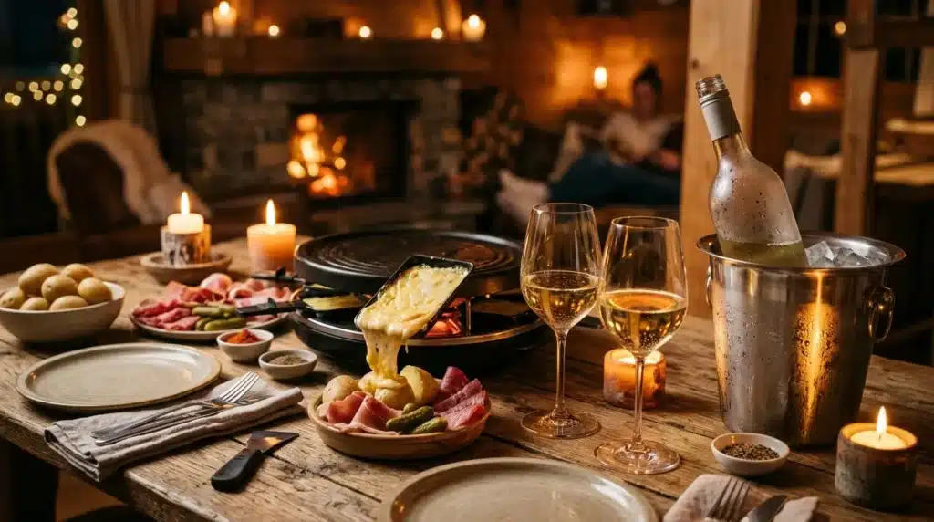 Table festive avec raclette, vin blanc et bougies allumées