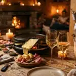Table festive avec raclette, vin blanc et bougies allumées