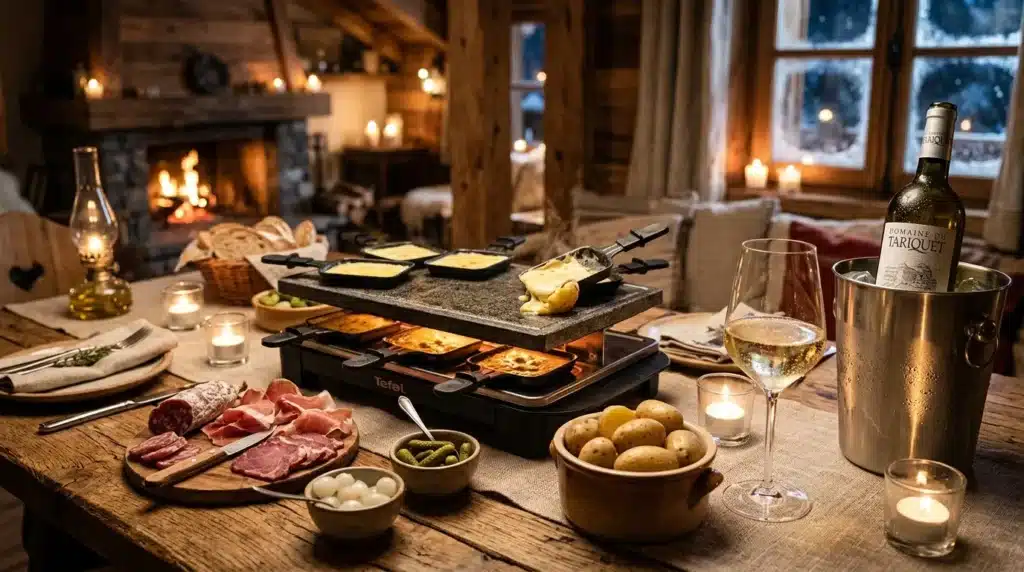 Table élégante avec raclette, charcuterie, vin et bougies allumées