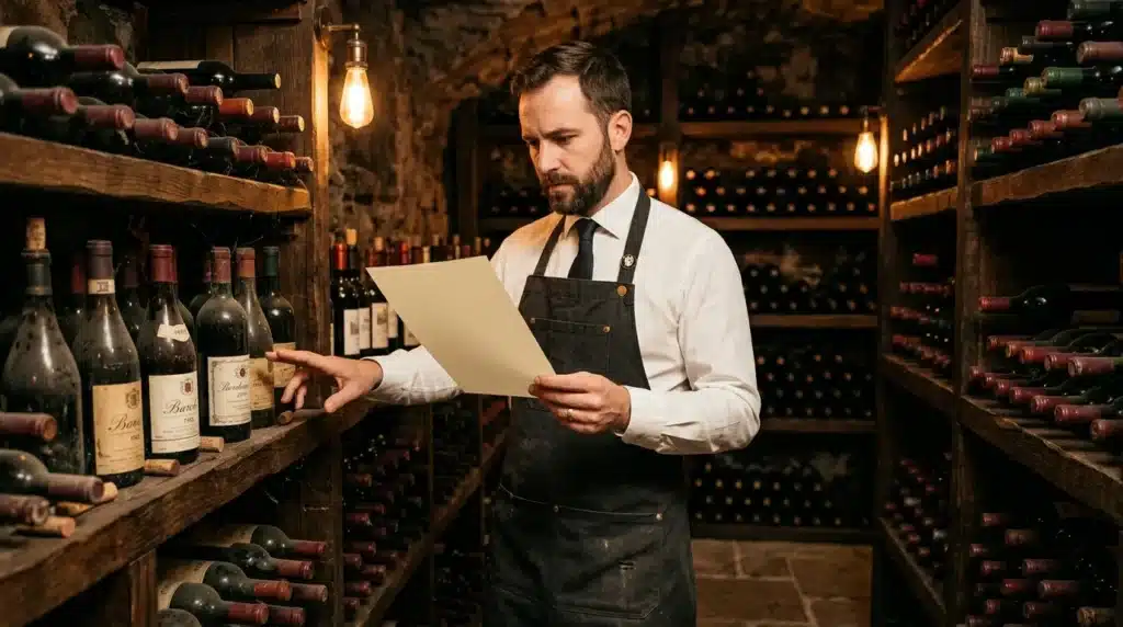 Homme en apron consulte document dans cave à vin
