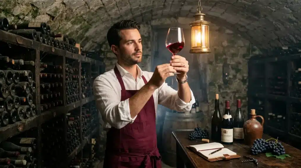 Homme en tablier examinant un verre de vin rouge en cave