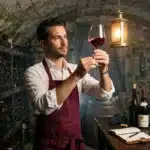 Homme en tablier examinant un verre de vin rouge en cave