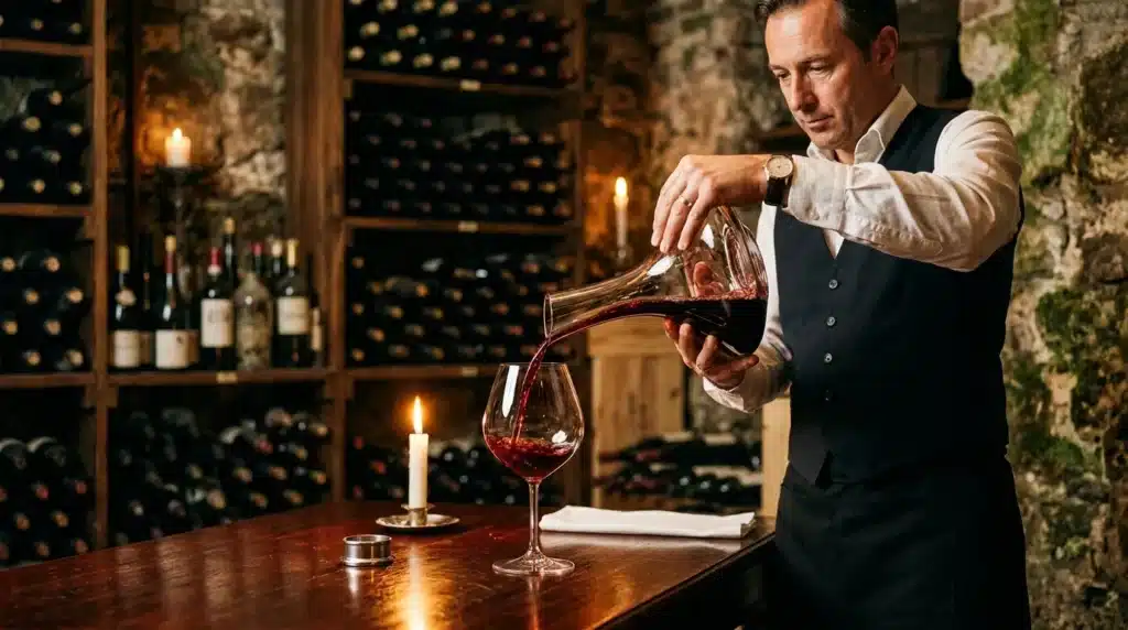 Homme en costume versant du vin rouge dans un verre de dégustation