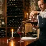 Homme en costume versant du vin rouge dans un verre de dégustation