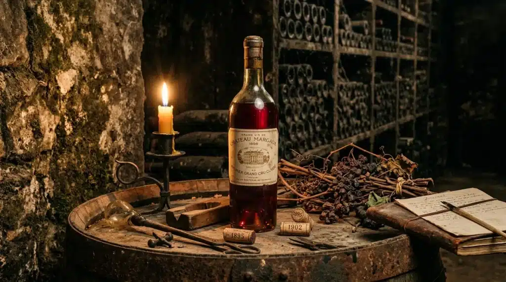 Bouteille de Château Margaux 1895 dans une cave historique