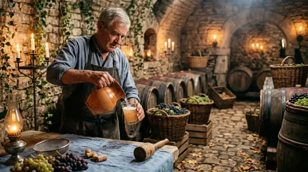 Homme versant du vin dans une cave médiévale avec tonneaux