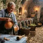 Homme versant du vin dans une cave médiévale avec tonneaux