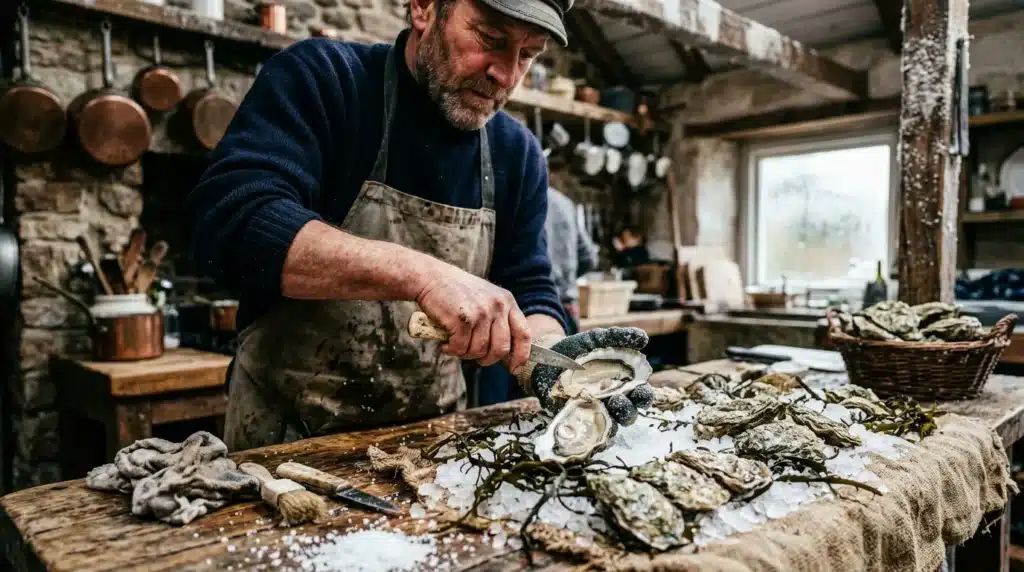 Homme écaillant des huîtres fraîches en cuisine rustique