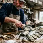 Homme écaillant des huîtres fraîches en cuisine rustique