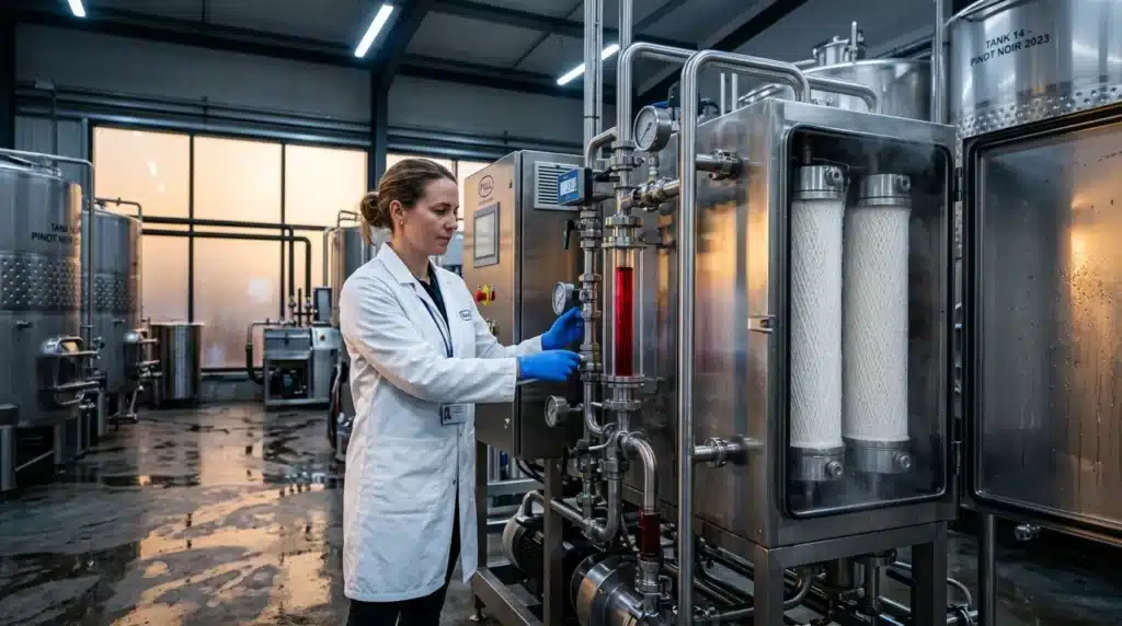 Technicienne en blouse blanche contrôle équipement fermentation vinicole