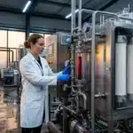 Technicienne en blouse blanche contrôle équipement fermentation vinicole