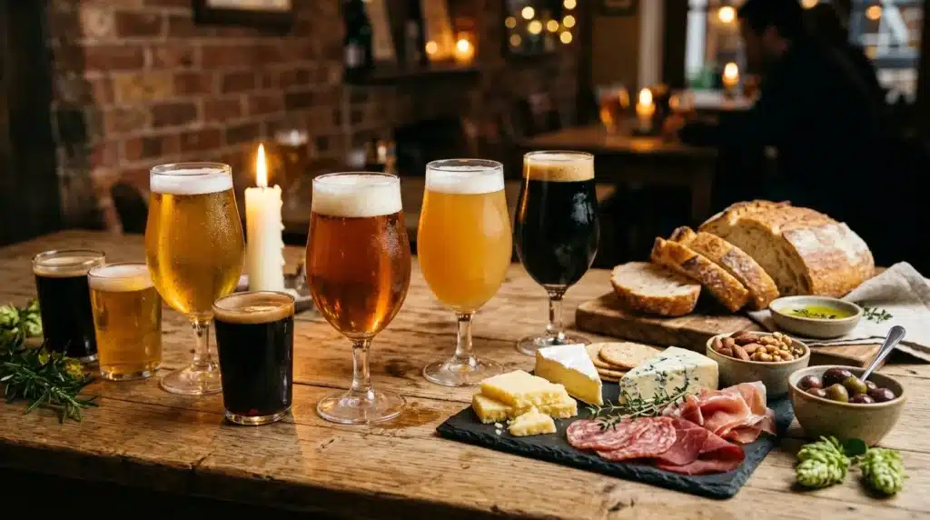 Assortiment de bières artisanales avec fromages, charcuterie et pain