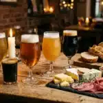 Assortiment de bières artisanales avec fromages, charcuterie et pain