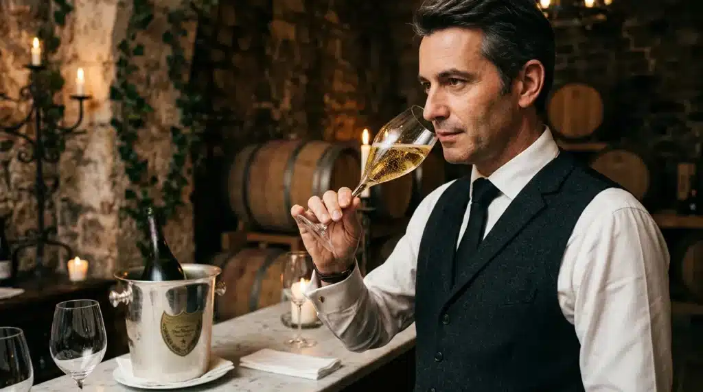 Homme dégustant champagne en cave avec tonneaux
