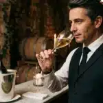Homme dégustant champagne en cave avec tonneaux