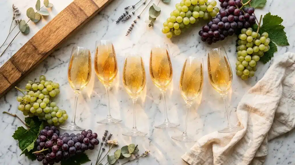 Six verres de champagne avec raisins blancs et rouges frais