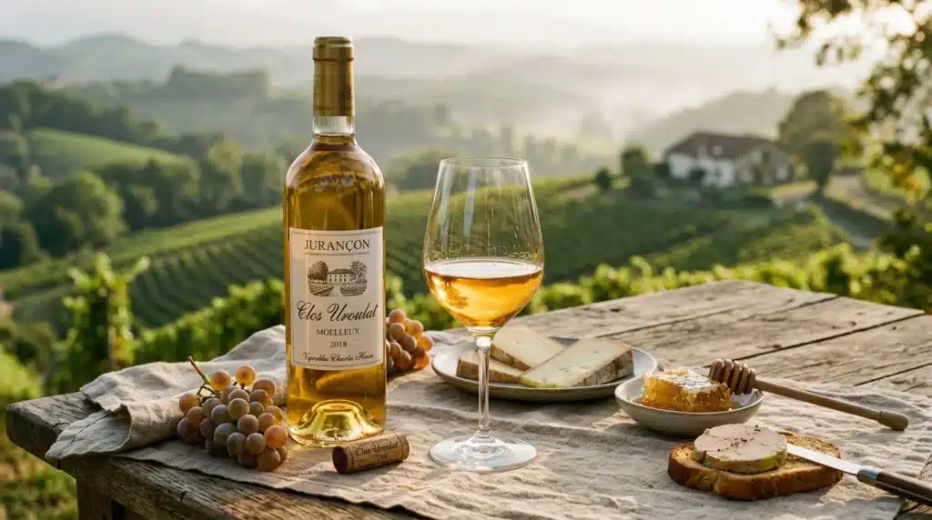 Bouteille de vin blanc Jurançon avec verre, raisins et fromage