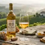 Bouteille de vin blanc Jurançon avec verre, raisins et fromage