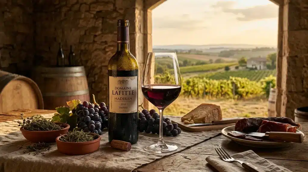 Verre de vin rouge, bouteille Domaine Lafitte, vignobles en arrière-plan