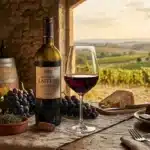 Verre de vin rouge, bouteille Domaine Lafitte, vignobles en arrière-plan