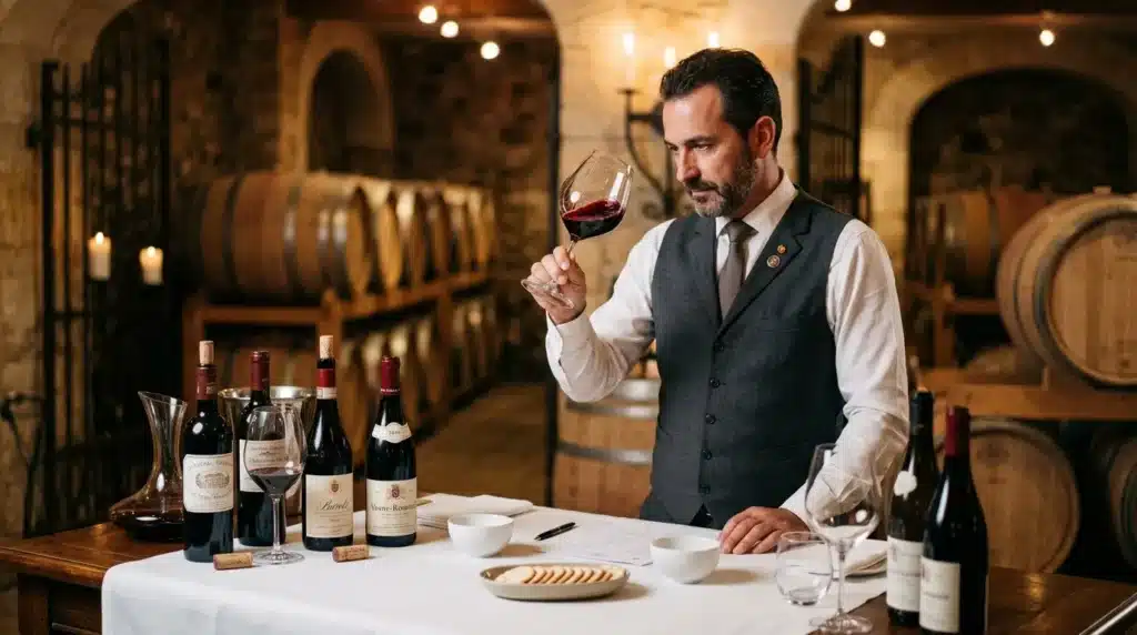 Sommelier examinant un verre de vin rouge en cave