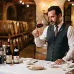 Sommelier examinant un verre de vin rouge en cave