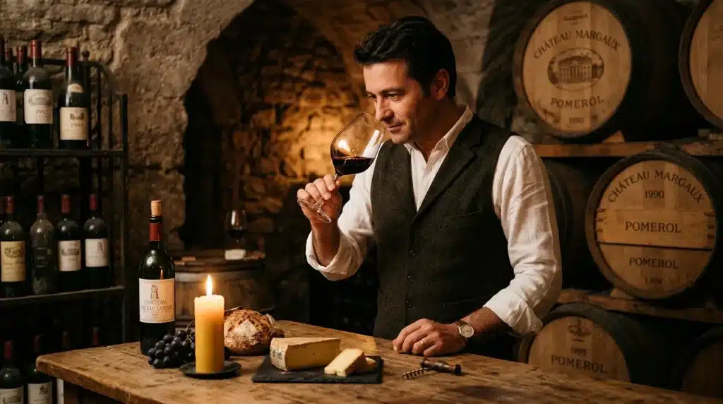Sommelier déguste un verre de vin rouge en cave avec tonneaux