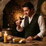 Sommelier déguste un verre de vin rouge en cave avec tonneaux