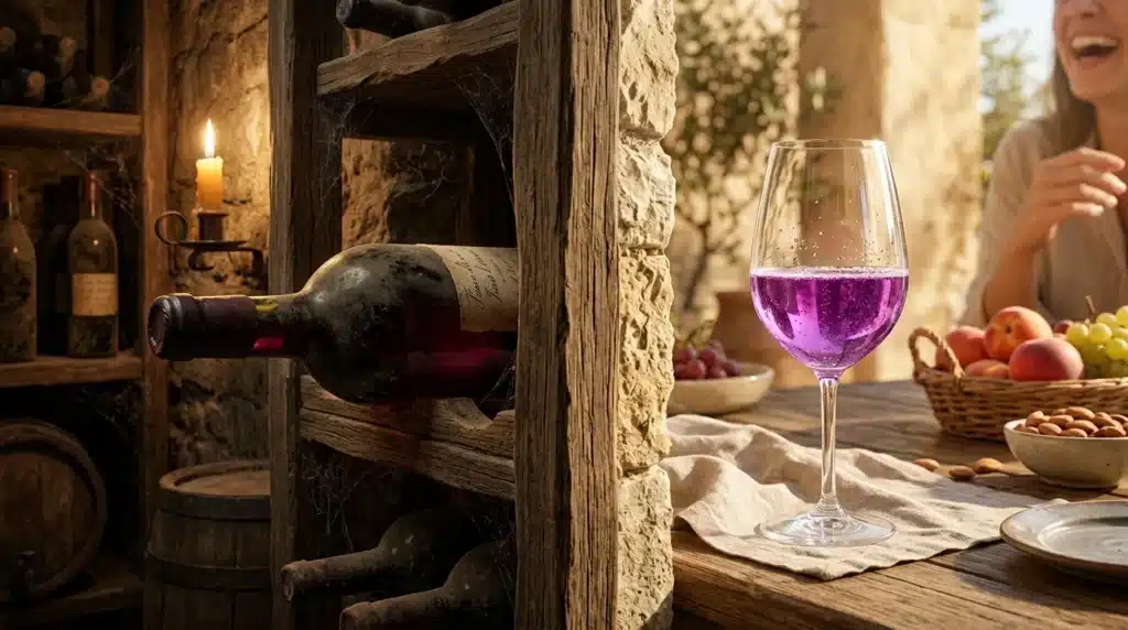 Verre de vin rosé pétillant en cave avec bouteilles anciennes