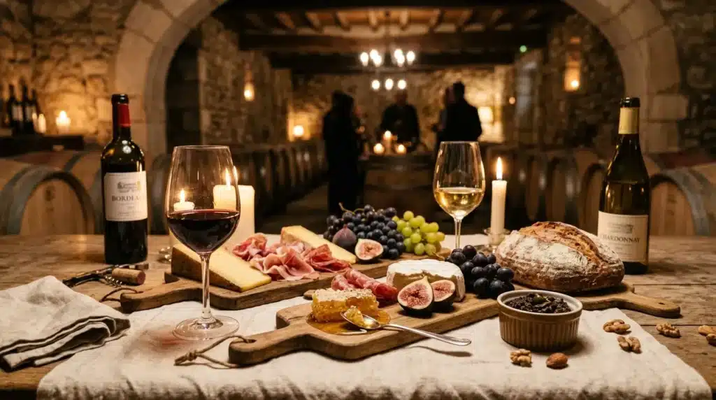 Table de dégustation avec vins, fromages, charcuterie et fruits en cave.