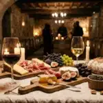 Table de dégustation avec vins, fromages, charcuterie et fruits en cave.