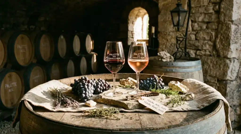Deux verres de vin et raisins sur tonneau en cave