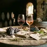 Deux verres de vin et raisins sur tonneau en cave