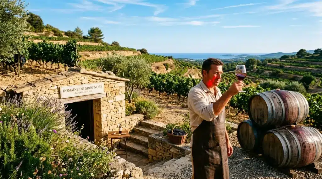 Vigneron déguste du vin devant cave viticole Bandol