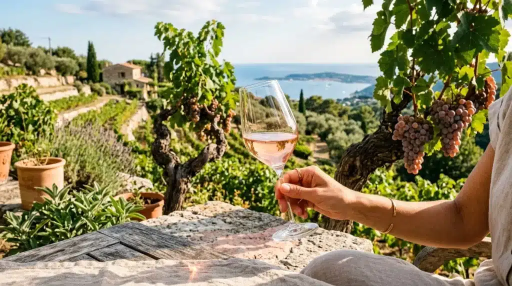 Verre de rosé tenu face aux vignobles méditerranéens