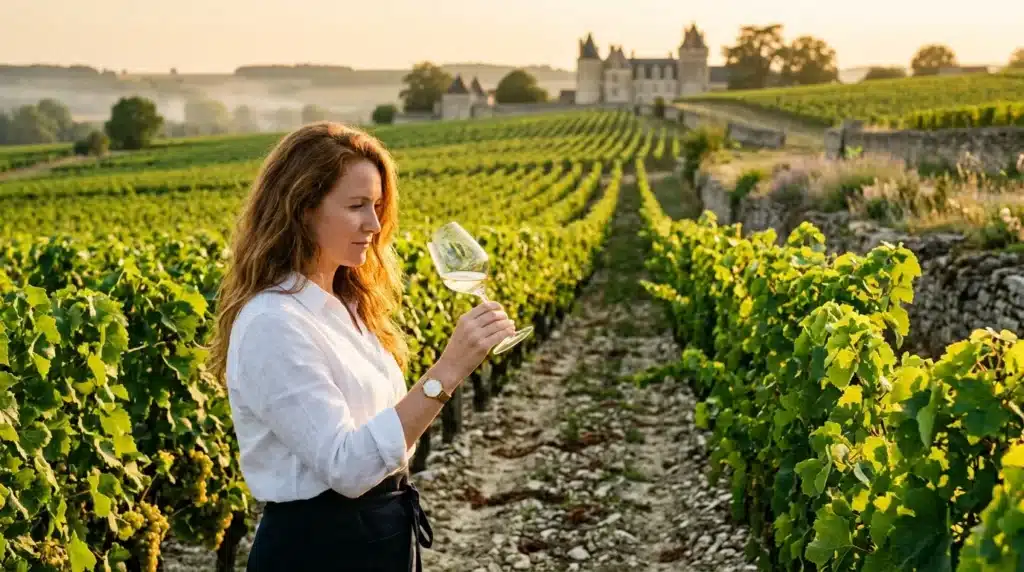 Femme dégustant du vin blanc dans les vignes avec château