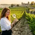 Femme dégustant du vin blanc dans les vignes avec château