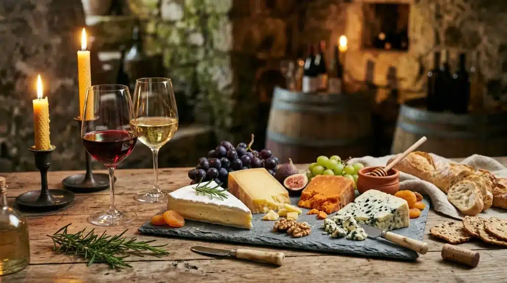 Table de dégustation avec vins, fromages, fruits et pain grillé