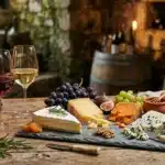 Table de dégustation avec vins, fromages, fruits et pain grillé