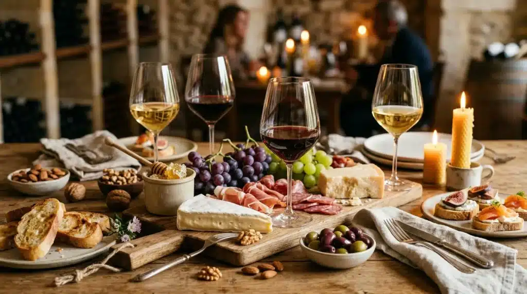 Table élégante avec vins, fromages, charcuteries et fruits frais